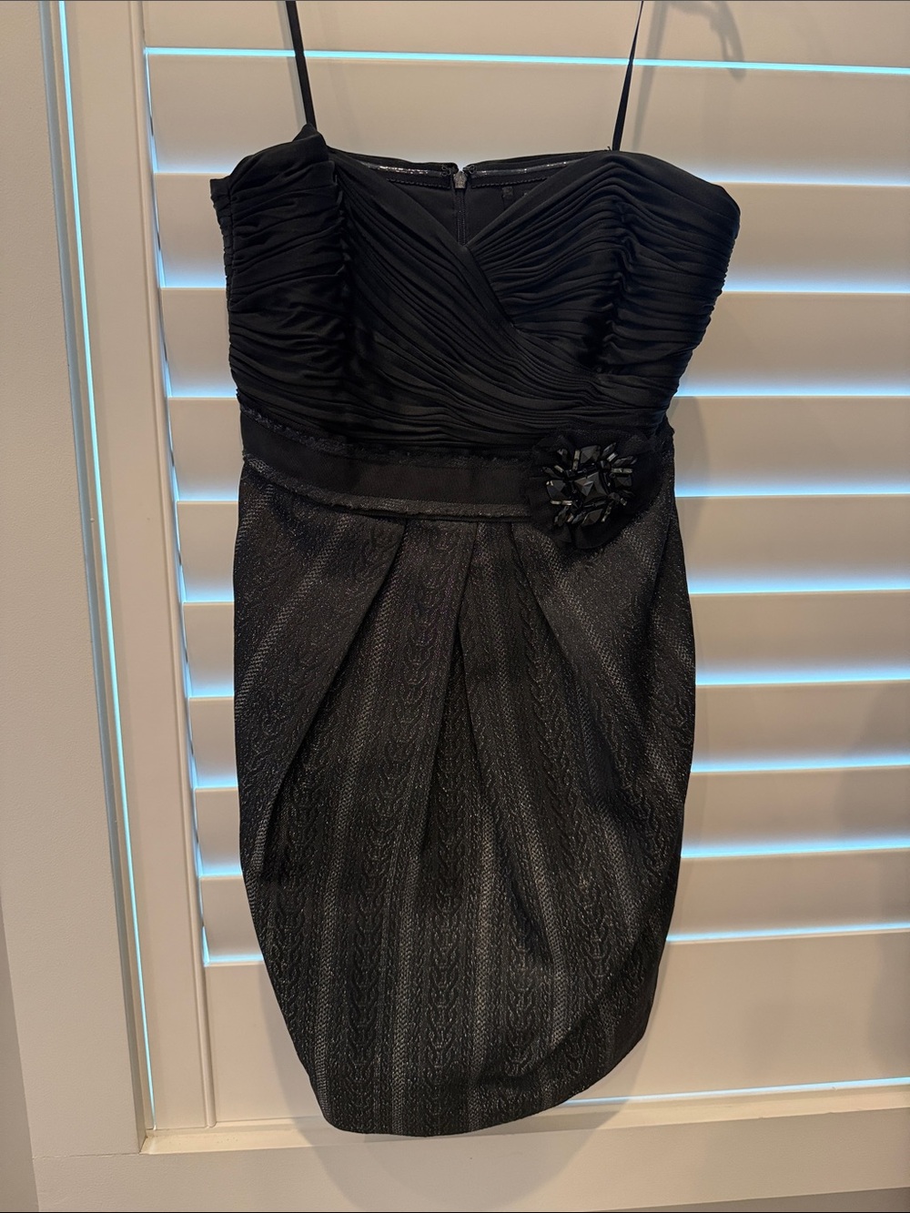 Black Ruched Strapless Cocktail Dress with Floral Accent